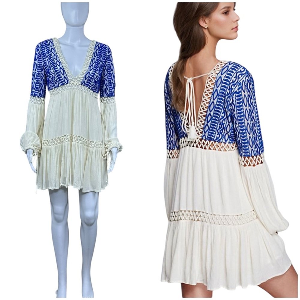 Free People Dusk Till Dawn Embroidered Crochet Mini Dress Sz 4 Boho Festival